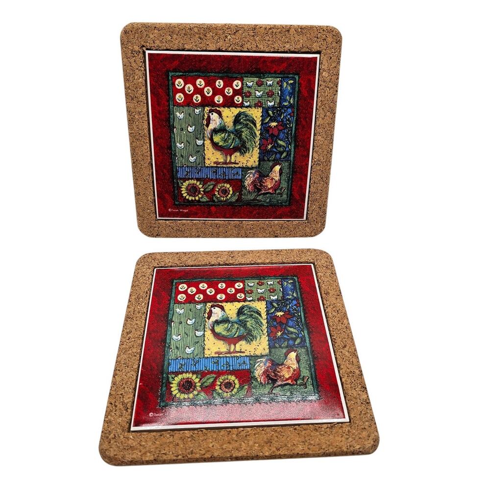 Vtg Farmhouse Chicken Coop Hen Cork Backed Ceramic Tile Wall Set Susan Winget